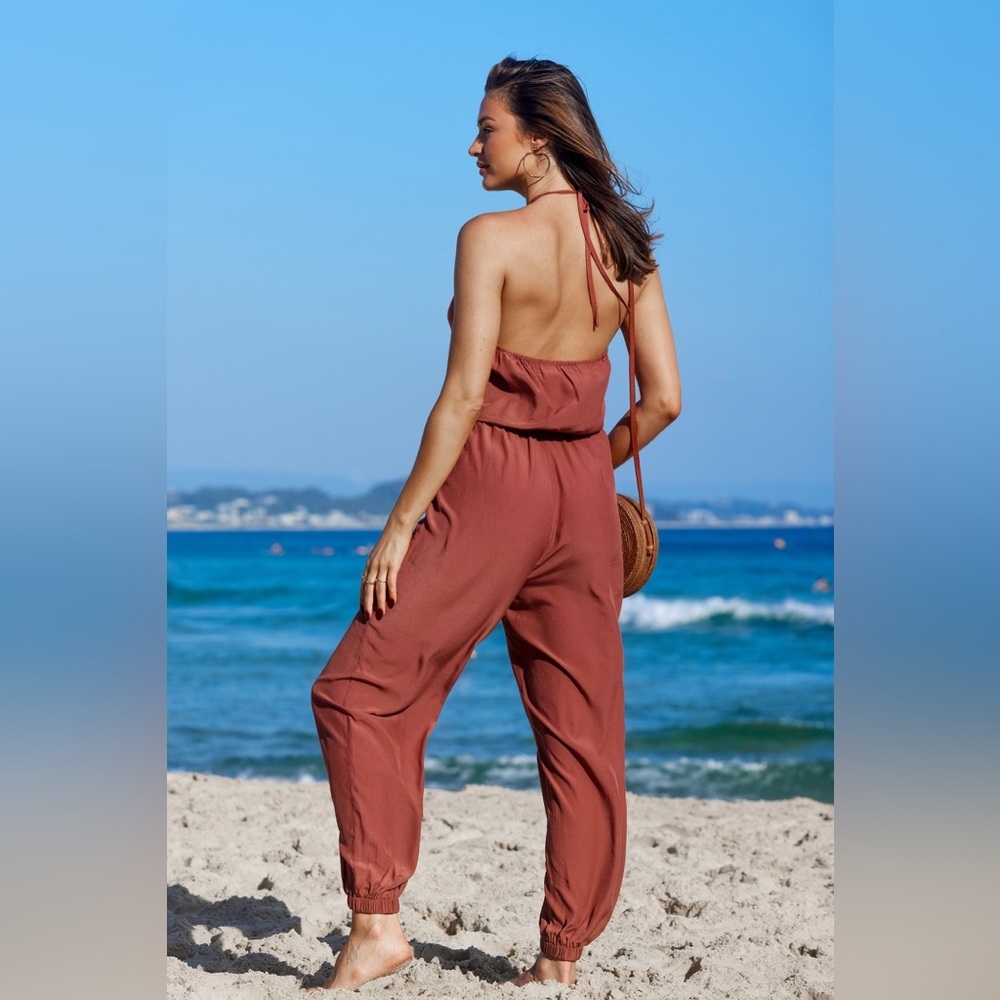Cupshe Large Women's Burgundy Cross
Over Halter Neck Jumpsuit, NWT - Picture 7 of 8